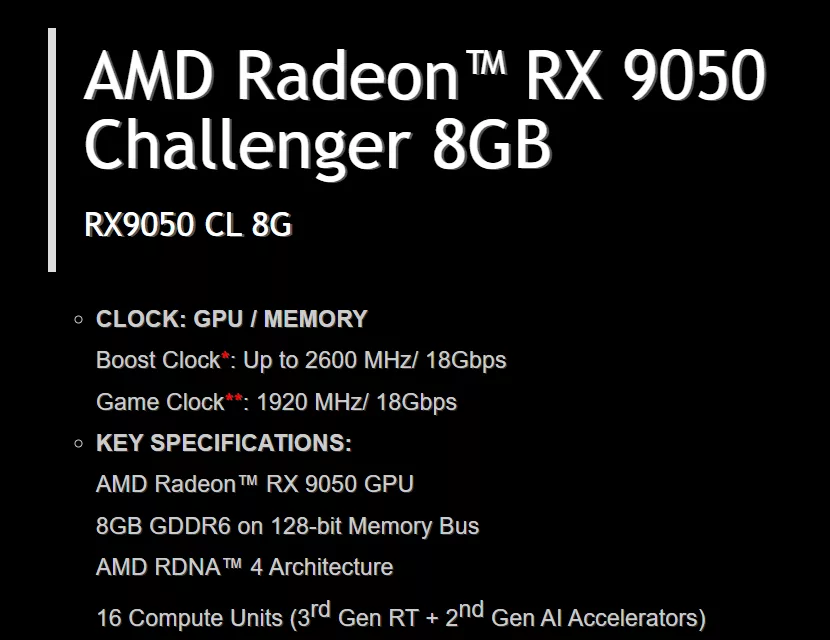 AMD представила Radeon RX 9050 на 4 и 8 ГБ памяти: первый дизайн от ASRock