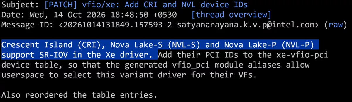Поддержка SR-IOV для графики Nova Lake в Linux: новые данные