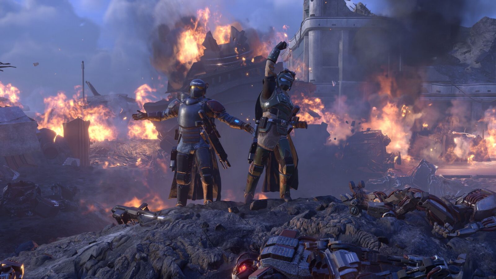 Helldivers 2 fighters wearing Castellan’s Creed gear on the battlefield