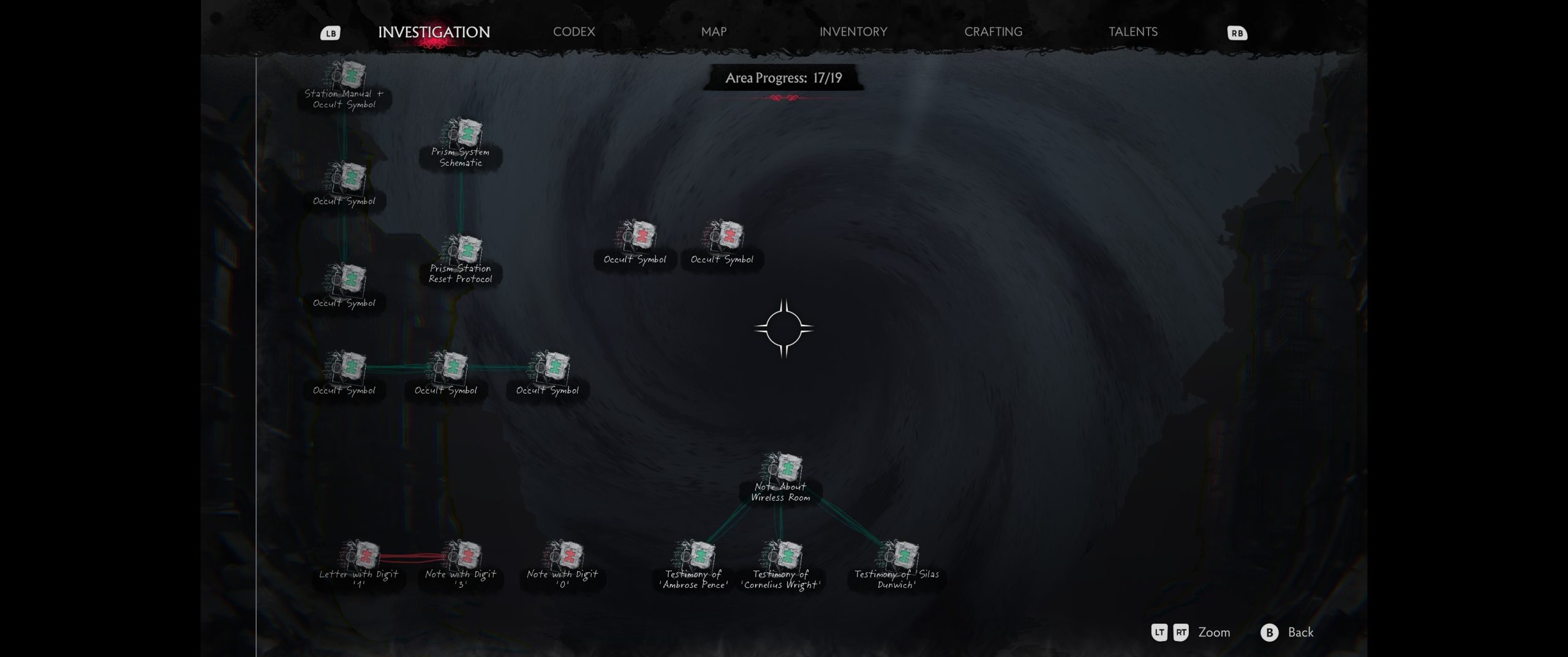 Investigation interface connecting clues on the mind map